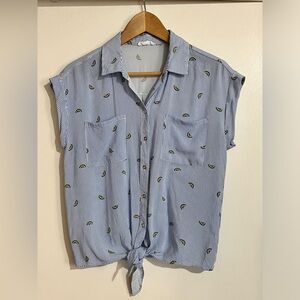 TRIBAL JEANS lemon slice print rayon sleeveless button down cropped tie blouse